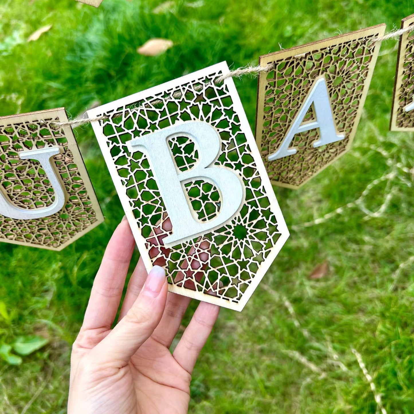 Bohemian Style Wooden Ramadan Mubarak/Eid Mubarak Banner