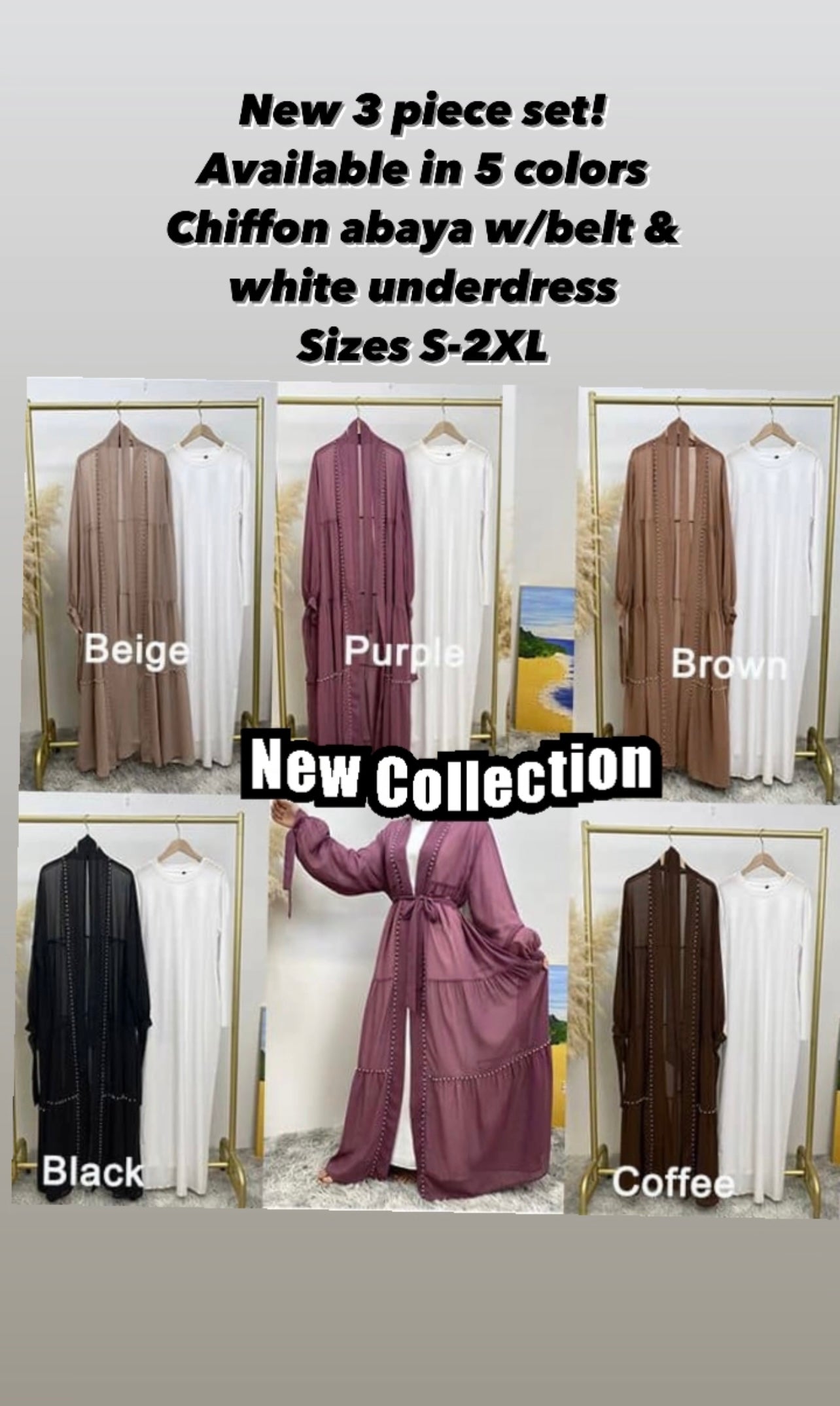 Beaded Chiffon Abaya Set (brown)