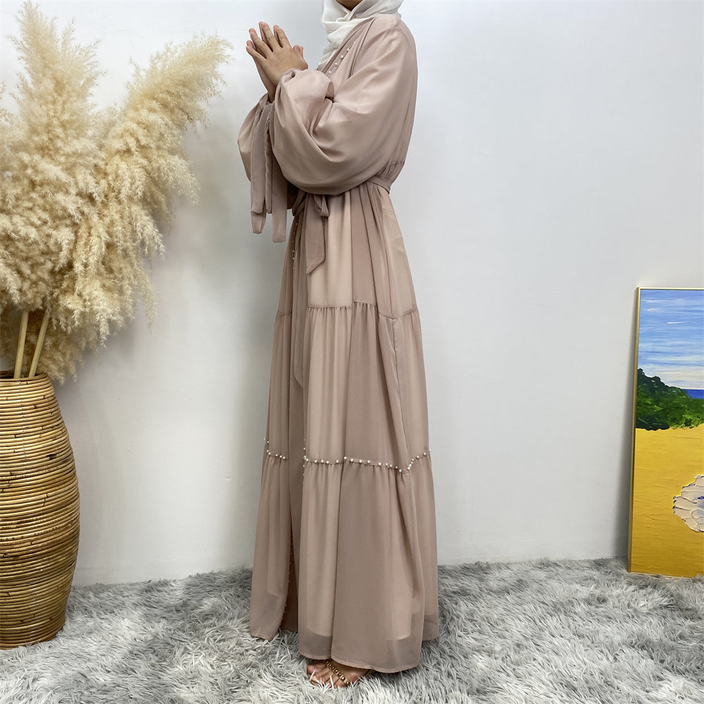 Beaded Chiffon Abaya Set (beige)