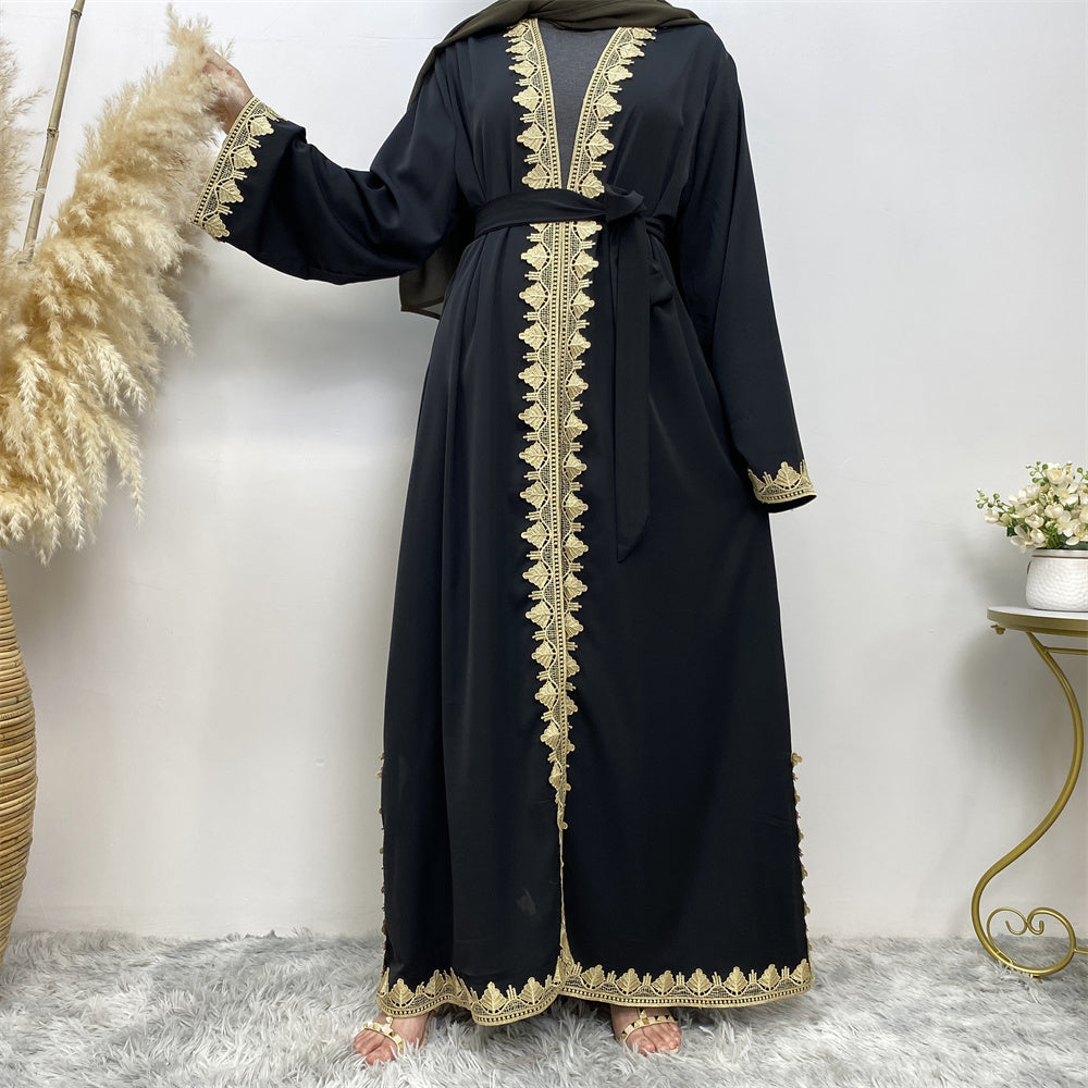 Embroidered Open Front Kaftan (Black)