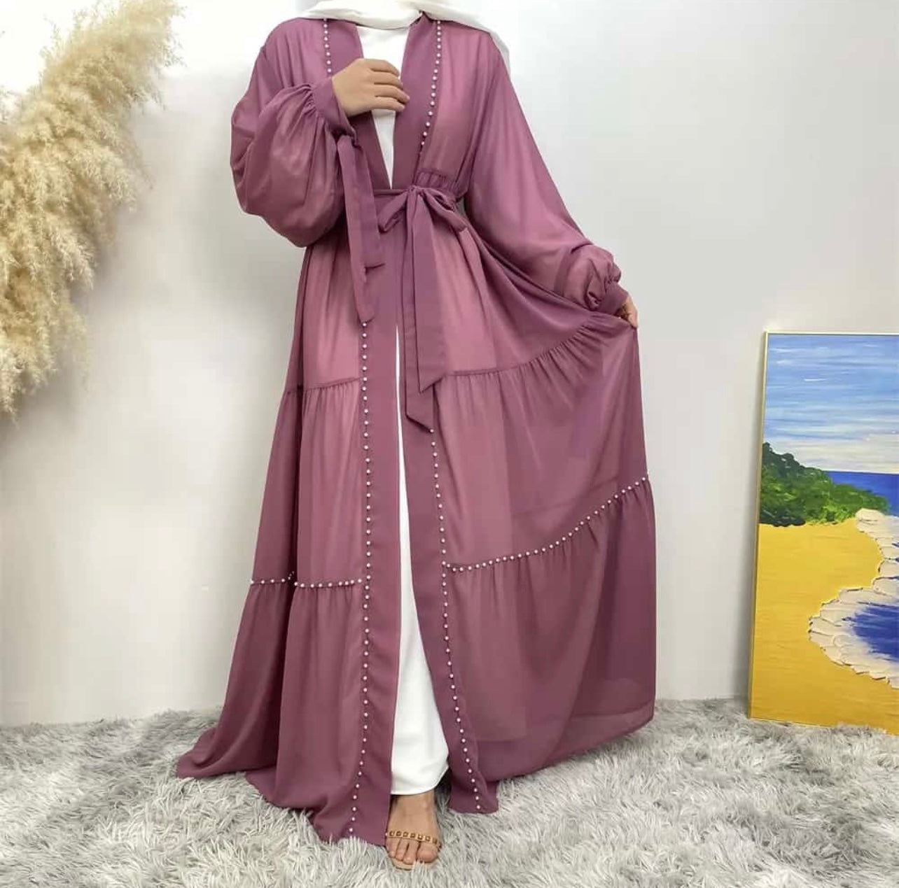 Beaded Chiffon Abaya Set (purple)