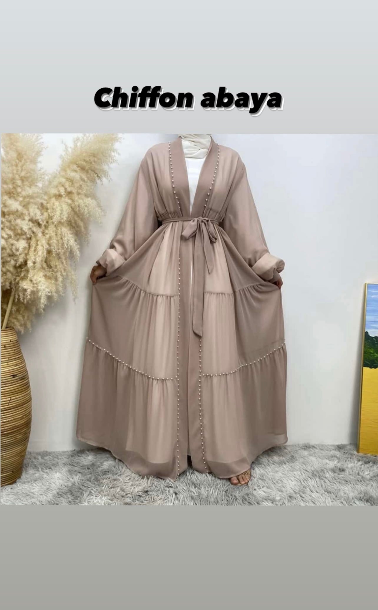 Beaded Chiffon Abaya Set (brown)