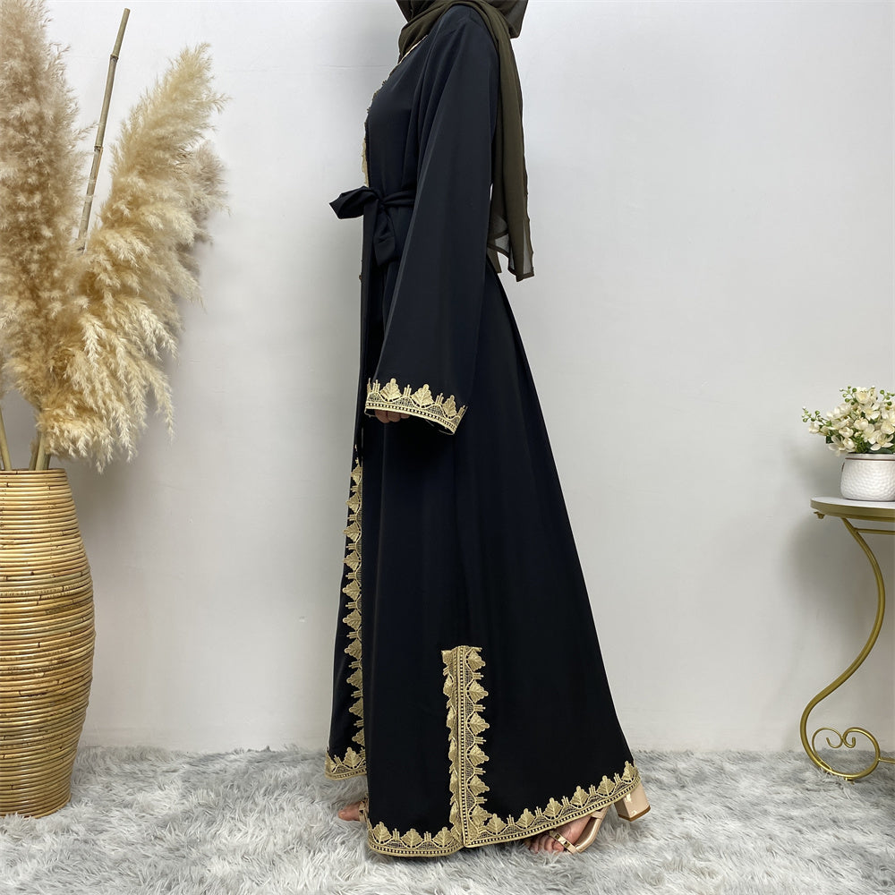 Embroidered Open Front Kaftan (Black)