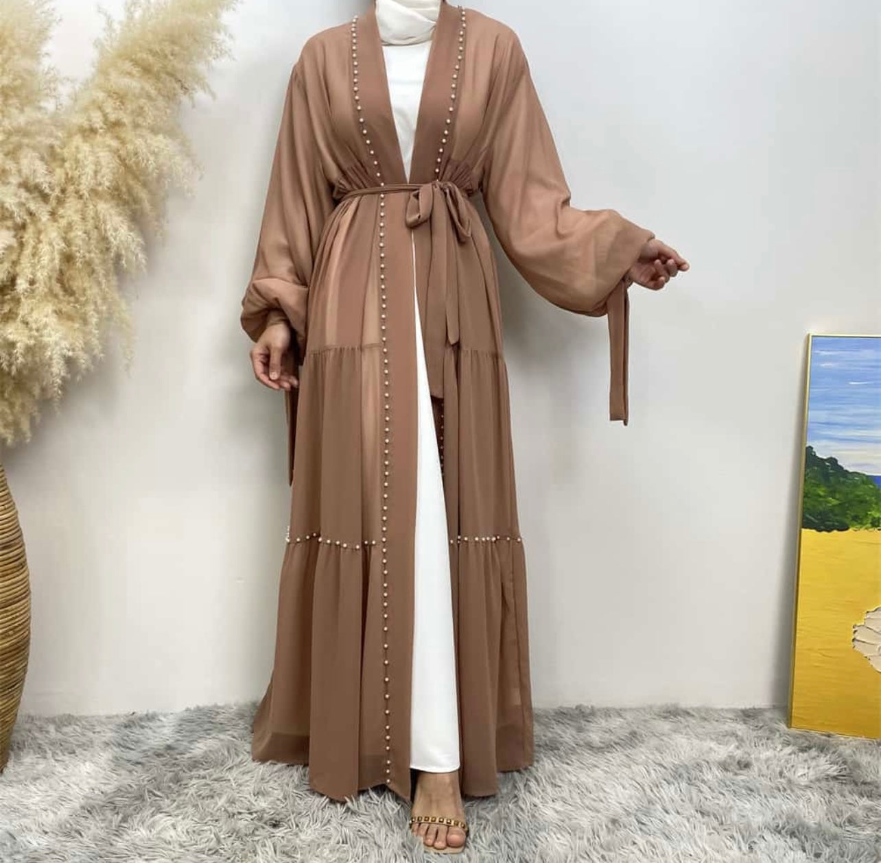 Beaded Chiffon Abaya Set (brown)