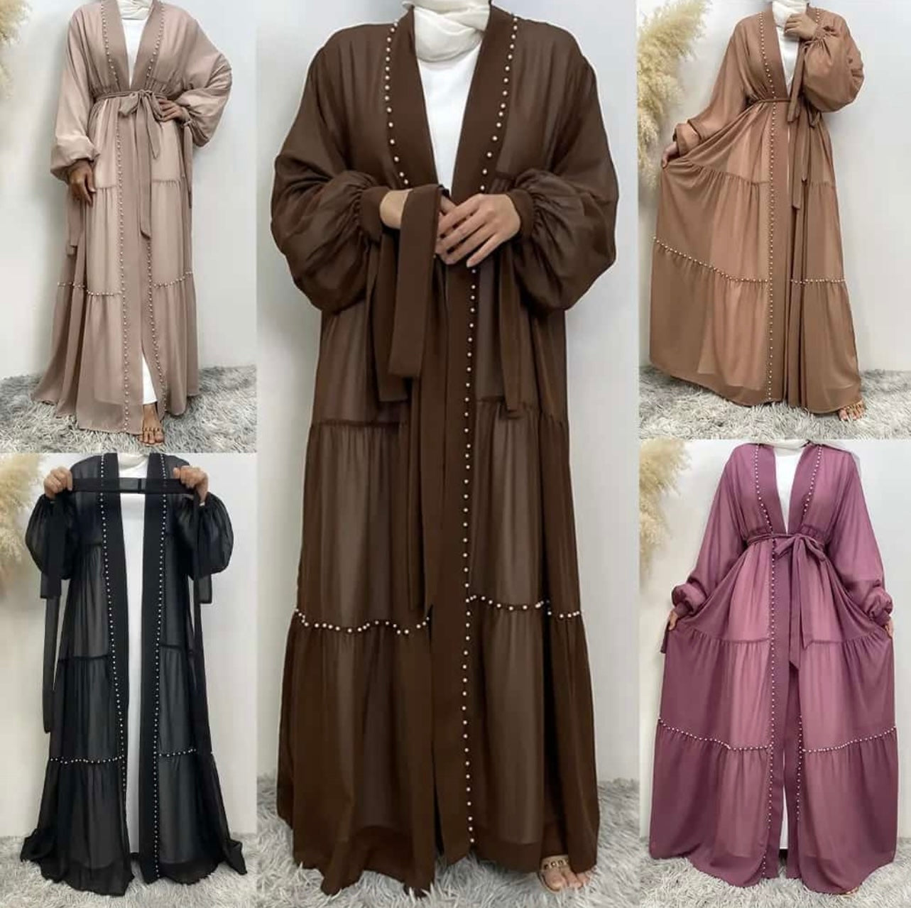 Beaded Chiffon Abaya Set (brown)