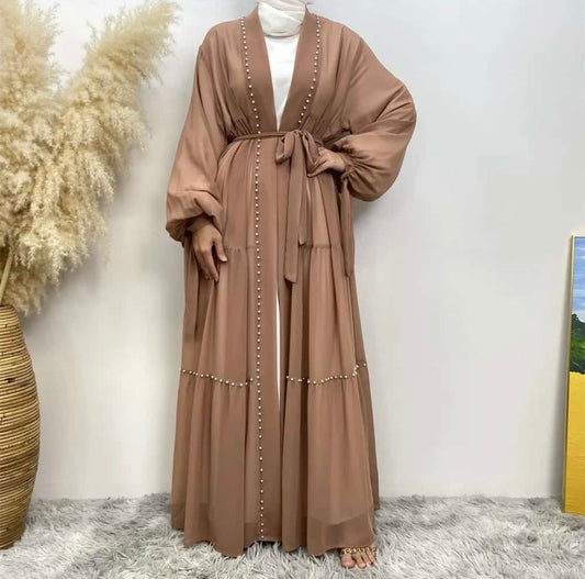 Beaded Chiffon Abaya Set (brown)