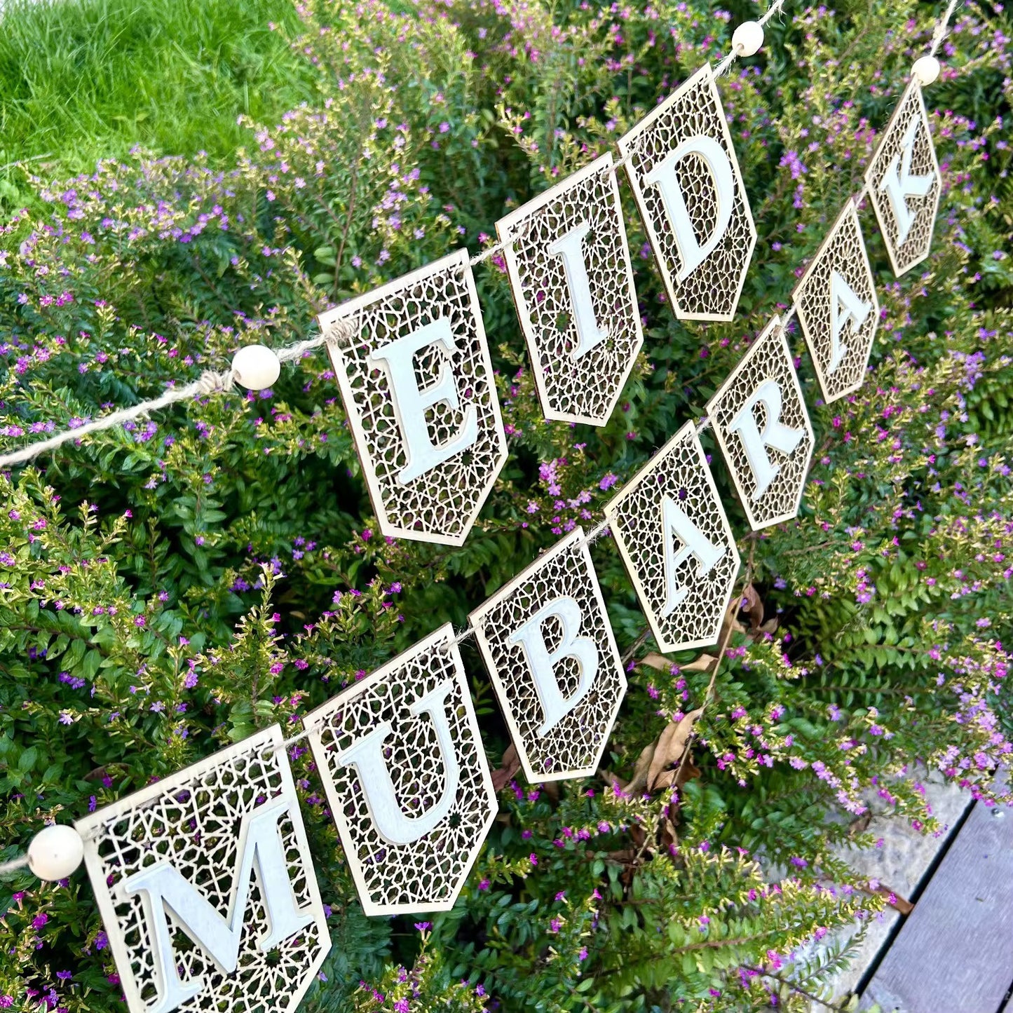 Bohemian Style Wooden Ramadan Mubarak/Eid Mubarak Banner