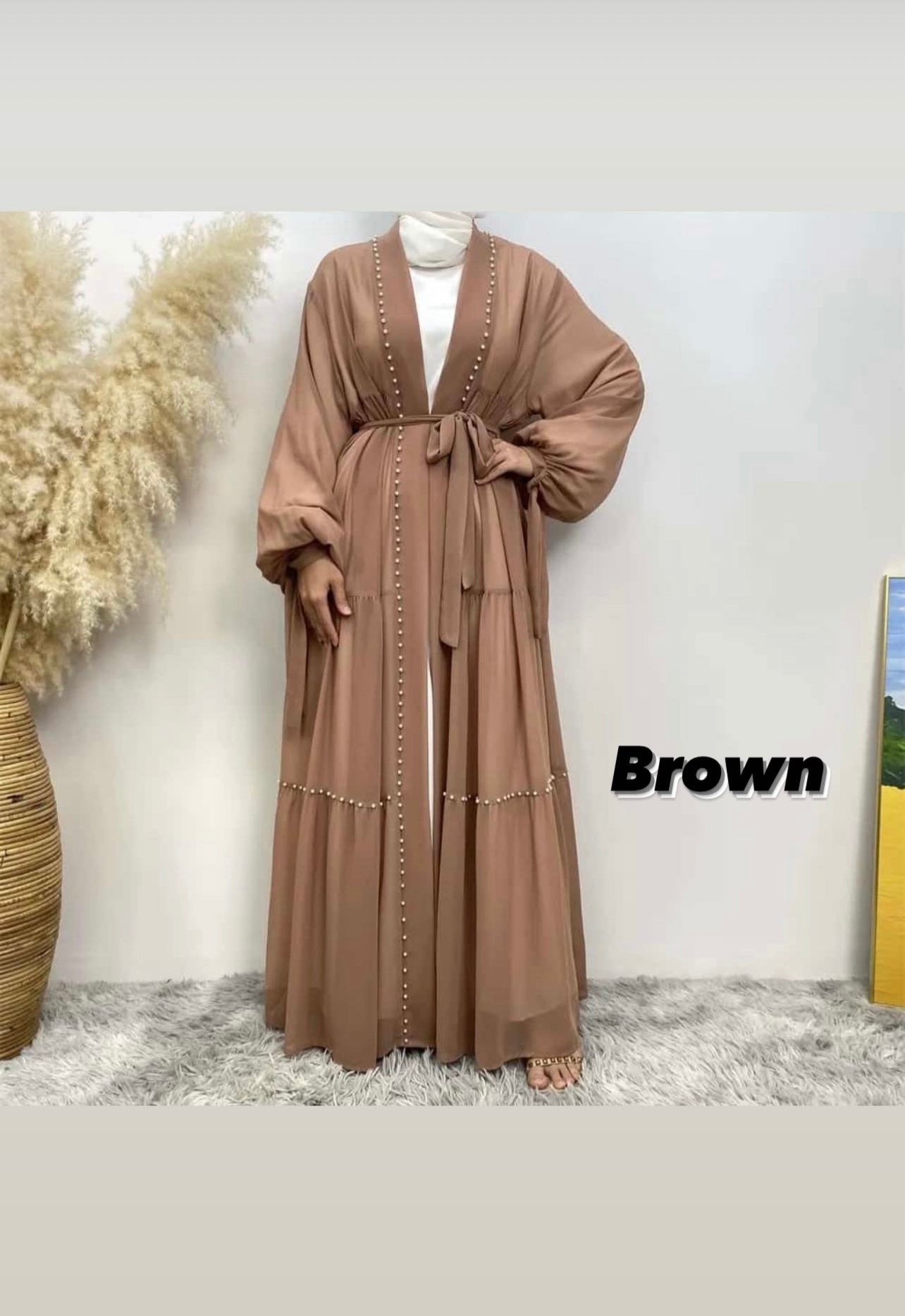 Beaded Chiffon Abaya Set (brown)