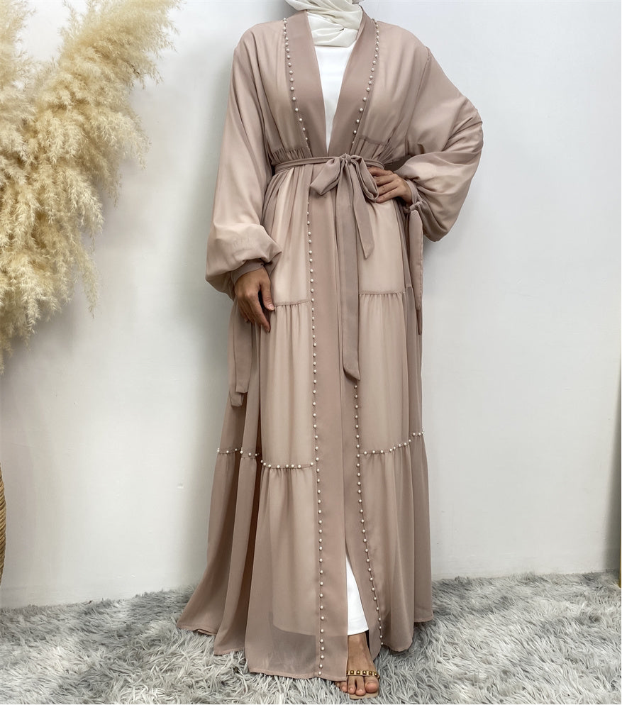 Beaded Chiffon Abaya Set (beige)