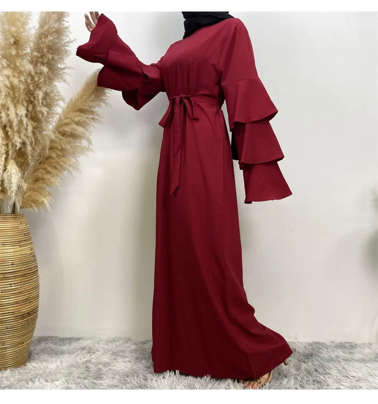 Red Modest Dress w/Puff Sleeves